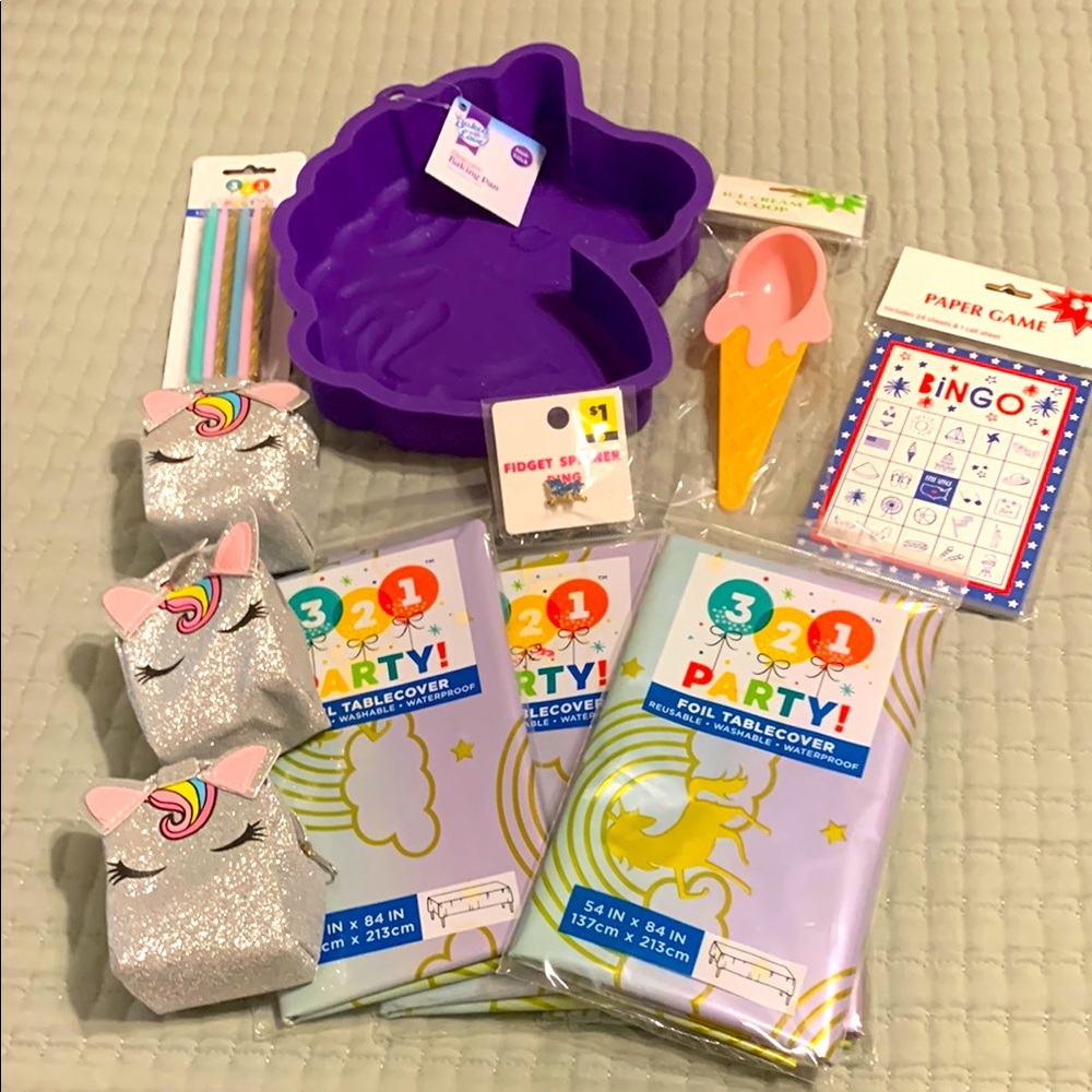 Unicorn 15 Pc Party Set NEW Cake Pan Tablecloths Coin Purses Candle Bingo & more
